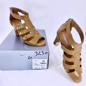 Cloudwalkers 9W Tan Parker 3.25 Inch Strappy Peep-toe Heels Gold Metal Accents